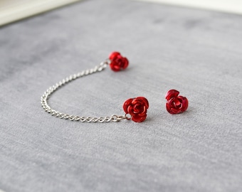 Red Rose Single Silver Chain Double Pierce Cartilage Earring (Pair)