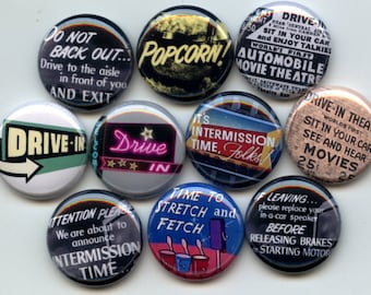 Drive In Movie car automobile retro Theater 10 Pinback 1" Buttons Badges Pins