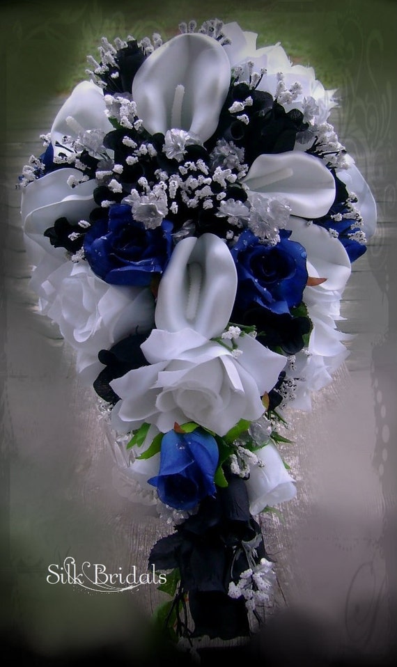 Royal Blue black and White Bridal Bouquet Silk wedding flowers