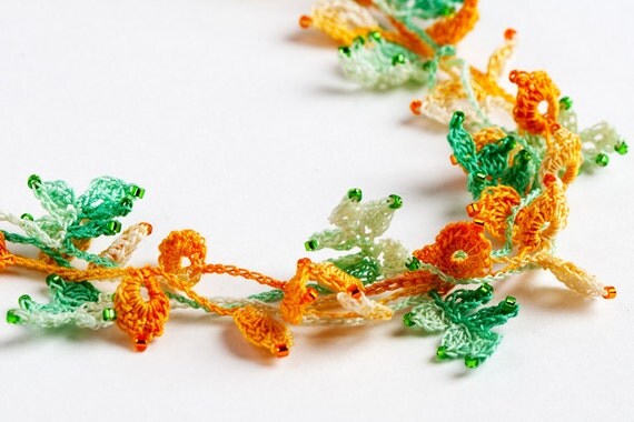 Crochet Pattern Golden Fall Leaves Necklace with Beads PDF Instant Download