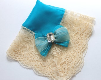 Teal Wedding Handkerchief, Bride Handkerchief, Lace Handkerchief, Something Blue Bride, Wedding Hankies, Vintage Hanky, Silk Handkerchief