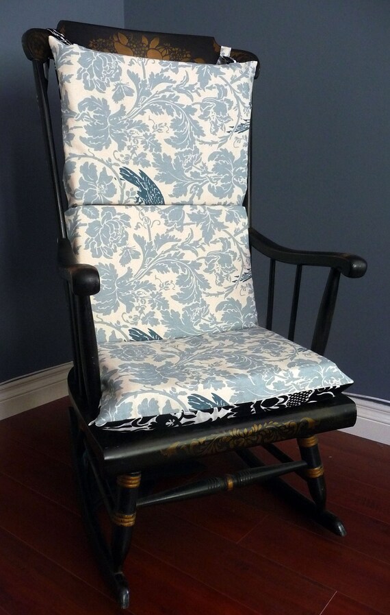 Rocking Chair Cushion Black Damask Blue Bird by RockinCushions