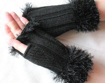 Fingerless Gloves Mittens Black Arm Warmers Knit, Acrylic