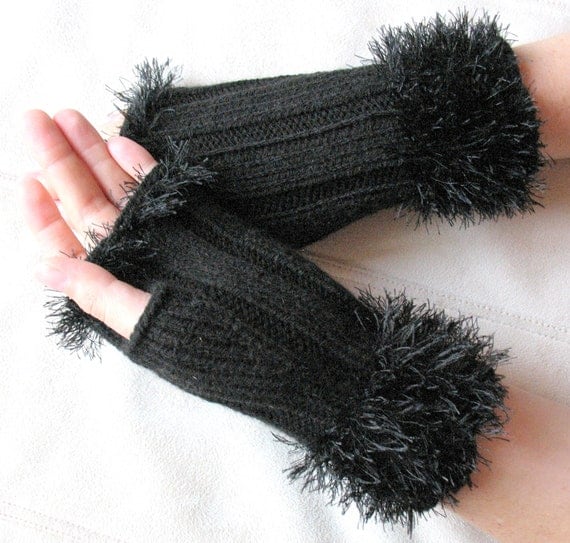 Fingerless Gloves Mittens Black Arm Warmers Knit, Acrylic