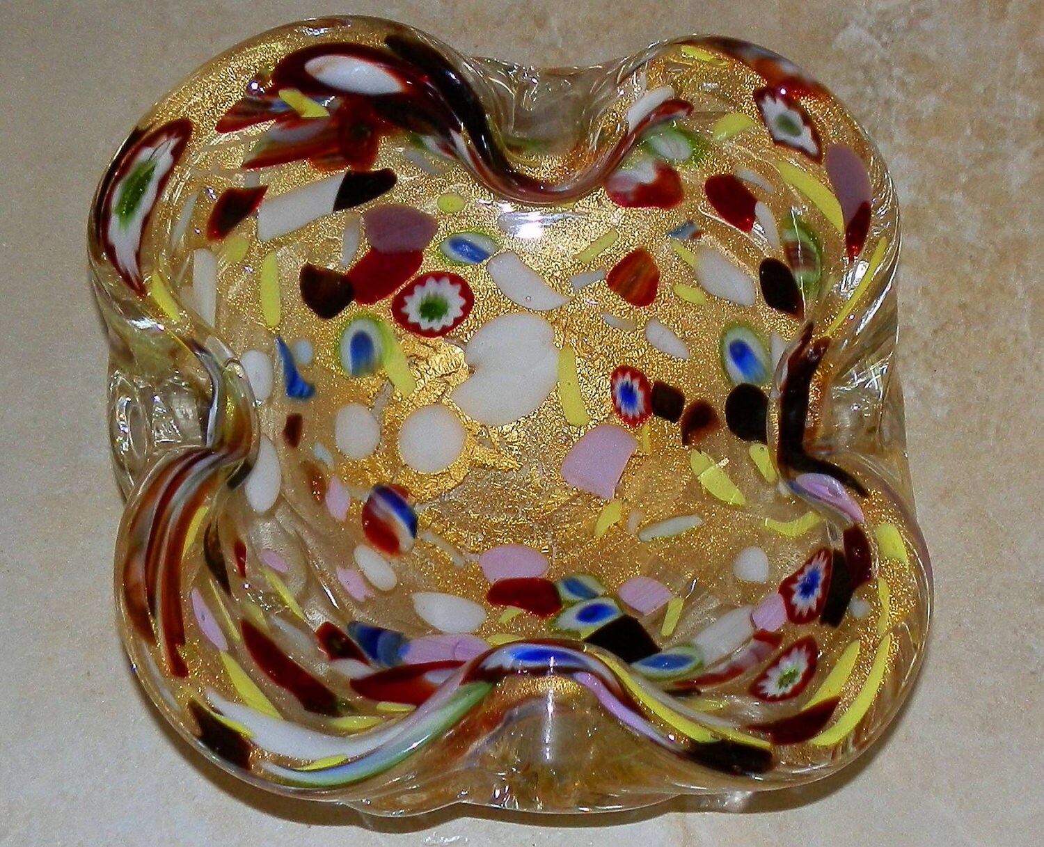 Glass Ashtray Hand Blown Glass Retro Gold Red White Green