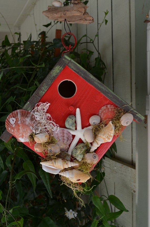 Seaside Birdhouse Painted Red &amp; Green // Hanging Decorative