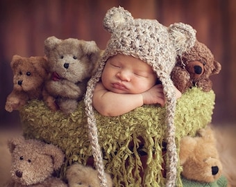 SALE & READY Baby Hat - Baby Bear Hat - Baby Boy Hat - Baby Girl Hat- 2 Color Choices Earflaps and Ties with pom pom's