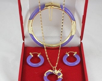 Free shipping -5 colors green/ violet/ black/red jade bangle earrings & pendant set