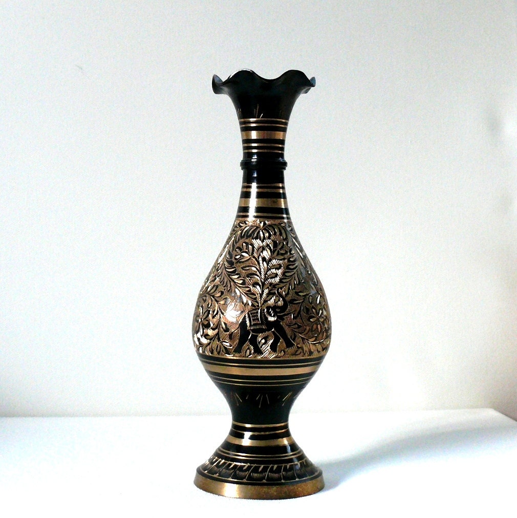 Vintage Vase Black Enamel on Brass Vase / Handmade