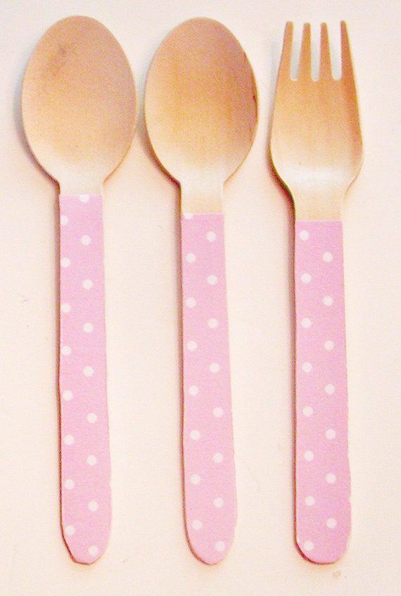 Light Pink Polka Dot Wooden Forks or Spoons - Set of 20