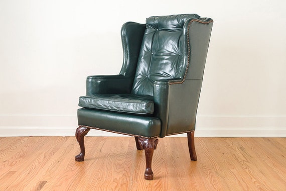 SOLD Vintage Dark Green Leather Wingback Library Chair