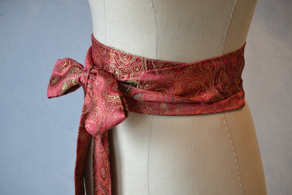 Red Asian brocade obi belt sash satin by MysteriousMannequin