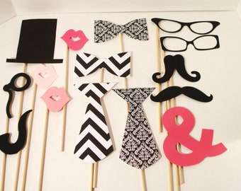 Chevron Wedding Photo Booth Props - Damask Photo Props - Ampersand 15 Piece Black and White Photo Prop Set