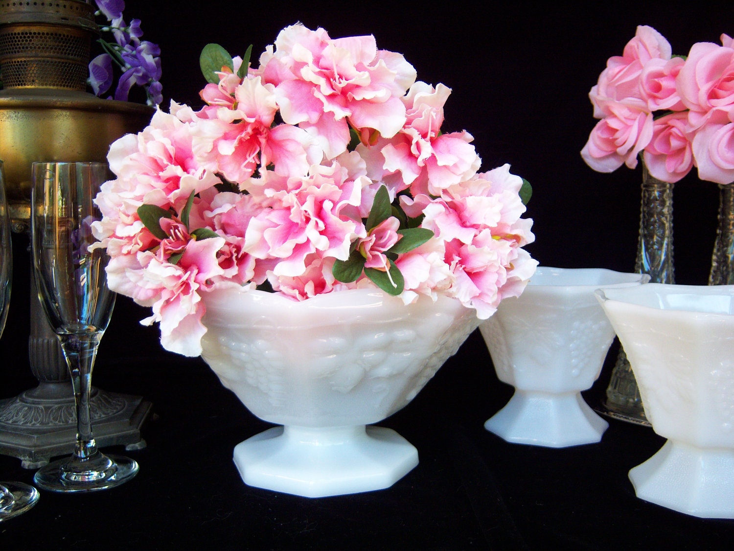 Lovely Trio of White Milk Glass Pedestal Bowls Wedding / Dessert