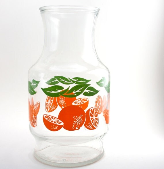 Glass Juice Pitcher Painted Orange Vintage Vase or Pitcher