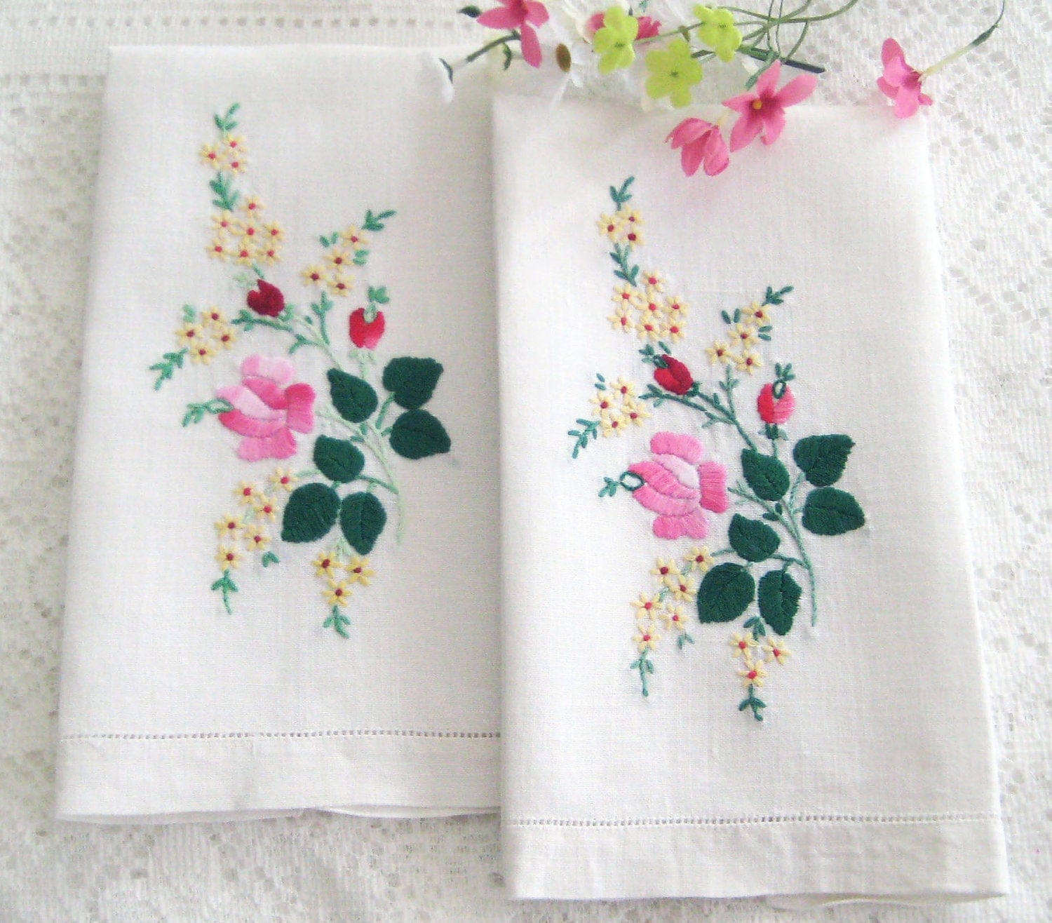 2 Vintage Hand Towels. Embroidered Roses by LaPetiteVintageShop