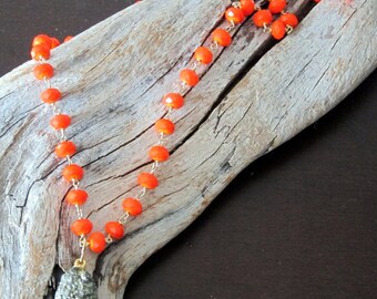 Bright Coral Glass and Pyrite Pendant Necklace