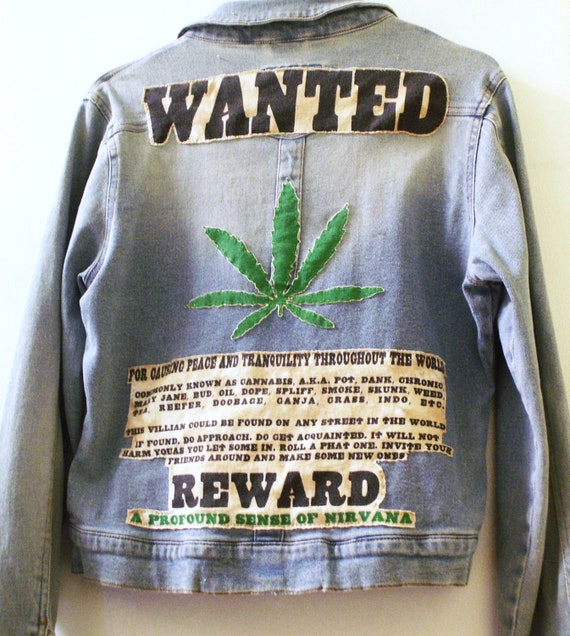 Marijuana Leaf Upcycled Denim Jacket 420 by GardenStateHemp