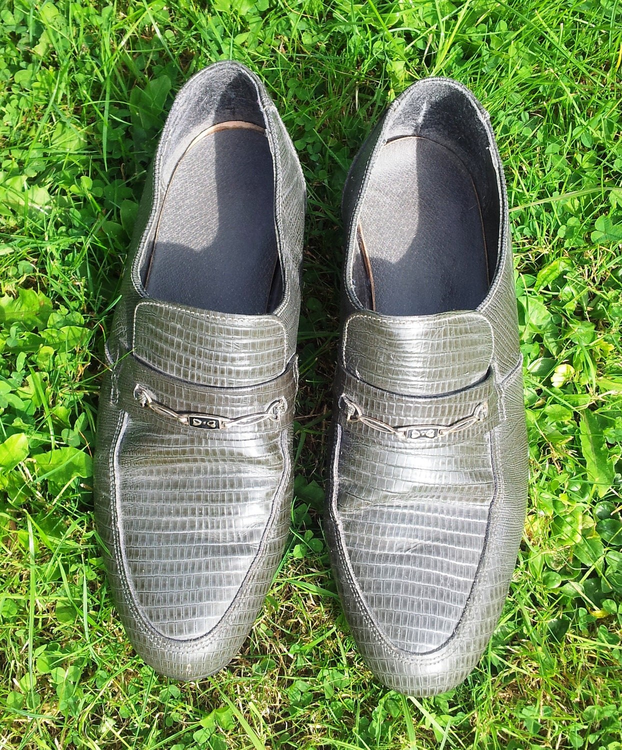 Vintage 80s Grey Snake Skin Style Leather Mens Loafers Slip on Shoes