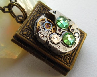Steampunk book locket necklace with vintage watch movement and Swarovski crystals Gift for Her Picture locket photo locket Bronze necklace