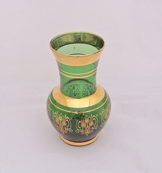 Vintage Green Glass Gold Gilt Vase Green Glass Small Vase