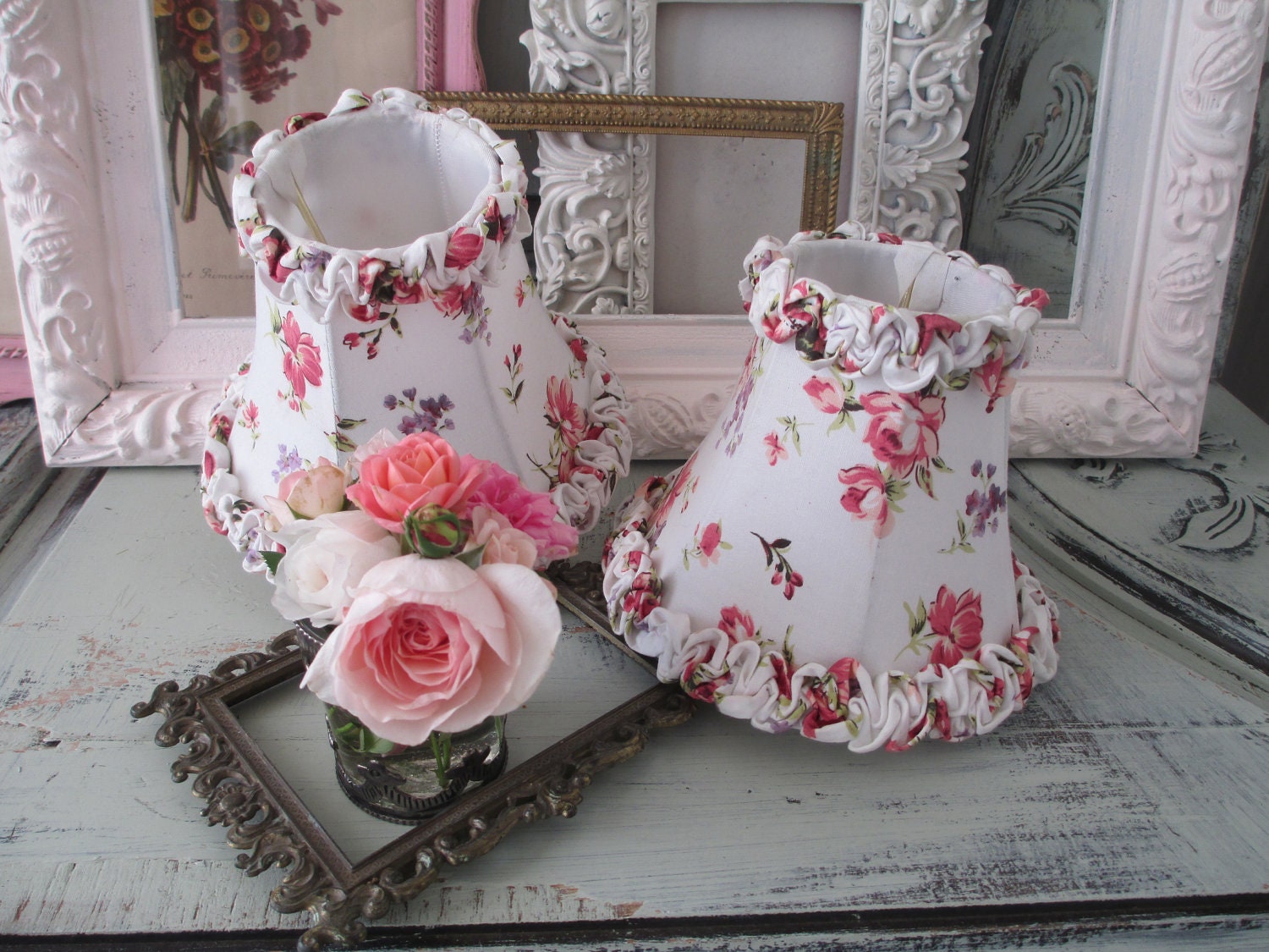 2 Vintage Petite Lamp Shades Floral Shabby Cottage by Myplace4tea