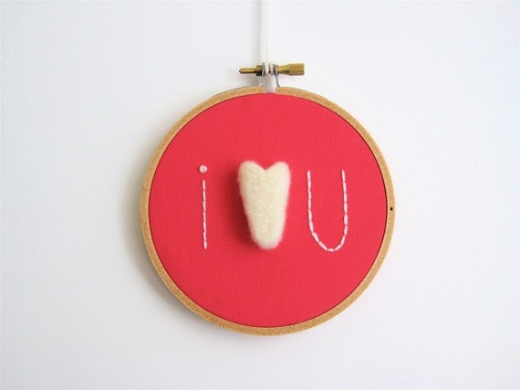 I Love You Embroidery Hoop Wall Hanging in Dark Pink with Felt Heart