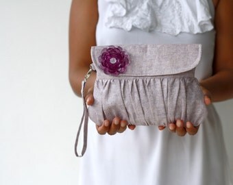 Rhapsody Purple Linen Clutch Pleated Purse with Purple beaded flower