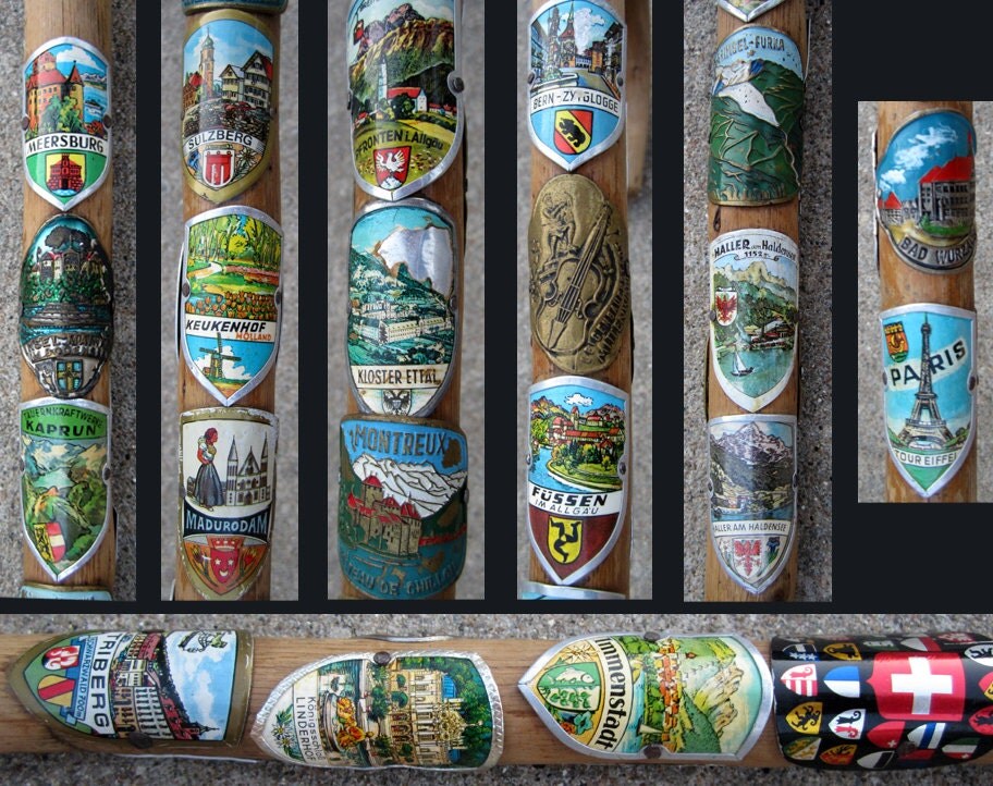 Vintage Bavarian Walking Stick Cane with 21 Badges Emblems