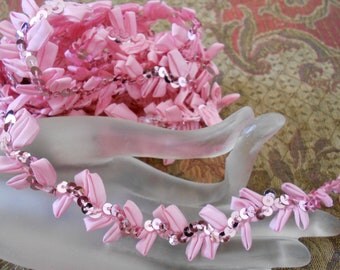 Pink Pleated Ribbon Sequinned Trim