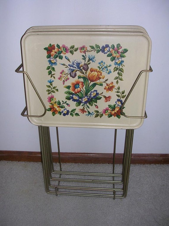 Vintage Durham Metal TV Trays W/Stand Floral by Retrorezurection