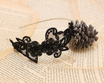 Black Beaded Lace Headband , Bridal Headband