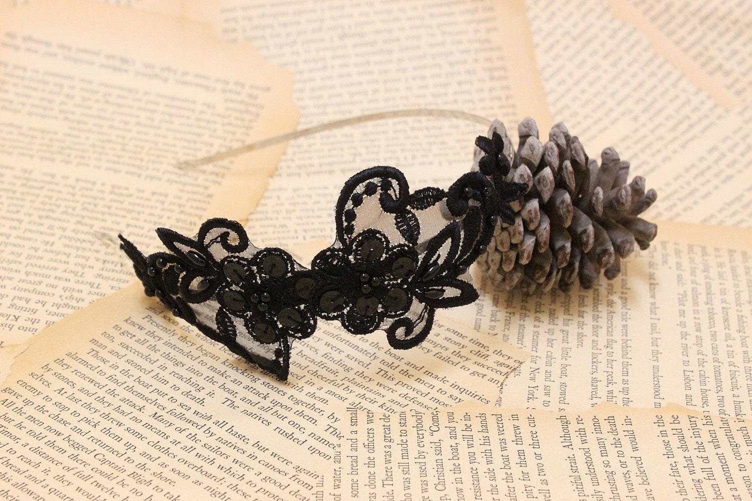 Black Beaded Lace Headband Bridal Headband