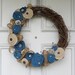 Burlap & Fabric Flower Grapevine Wreath - 17" Diameter - Blue and Browns