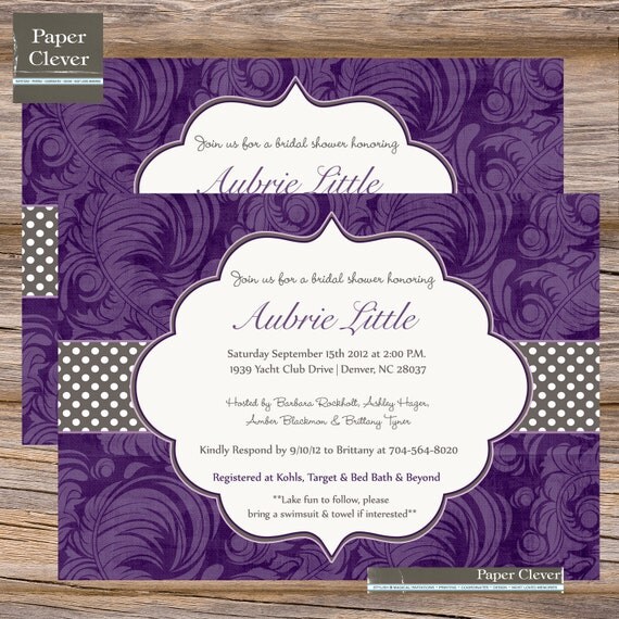 Elegant Bridal Shower Invitations, Purple & Gray - digital file, printable #209 Il_570xn