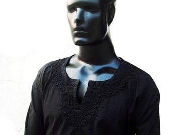 Embroidered shirt viking tunic mens kurta pajama long sleeve tshirt tribal fabric black dress mens gift ideas father's day shirt tops