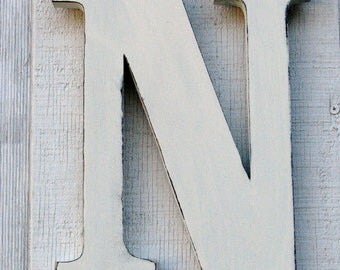 3 D Large Wooden Letter "N" 12 inch Tall Distressed in Vintage White Rustic Shabby Chic Custom Made Solid Wood You Pick Letter and Color