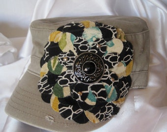 Sale....Khaki Cadet Military Distressed Army Hat with Coordinating Fabric Flower and a Gorgeous Black Stone Pendant Embellishment