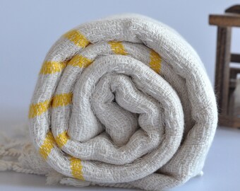 Handwoven Peshtemal Towel Cotton bamboo mix Turkish towel with yellow stripe