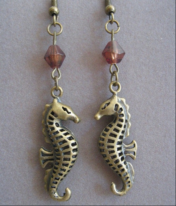 Earrings Seahorse Charm and Glass Bead In Antiqued Bronze