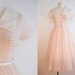 Vintage 1950s Party Dress / Pink Polka Dot Sheer Organza Dress Rhinestone Buttons