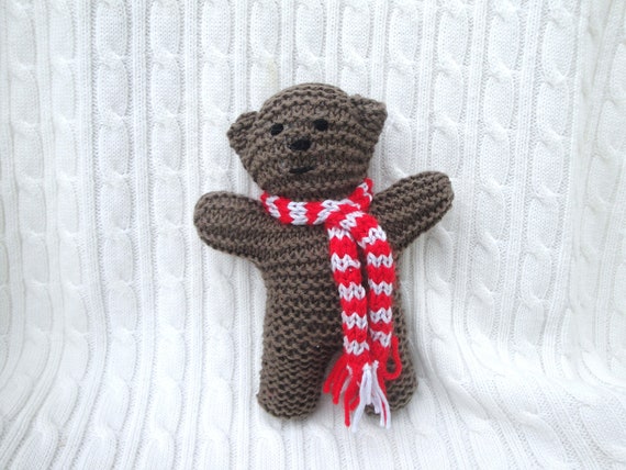 brown teddy bear with red scarf