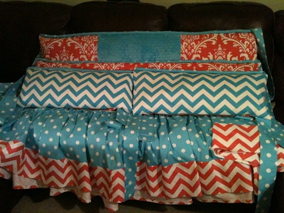 Items similar to ZIGZAG Turquoise & CORAL Damask Bedding ...