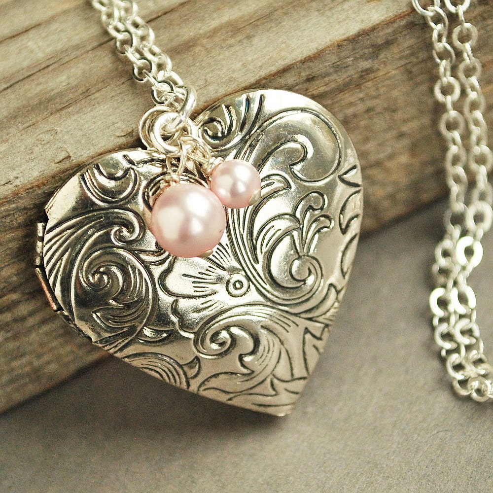 Silver Heart Locket Necklace Victorian Locket Pink Pearl