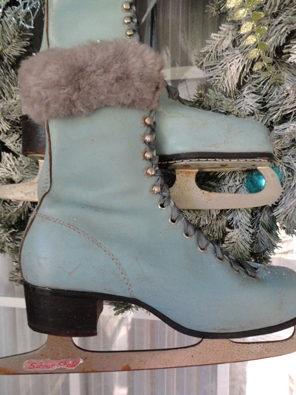 Vintage Blue Leather Ice Skates with Faux Fur Cuffs 1950s