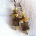 Earrings, Square Smoky Quartz, Beads,and Pearly Buttons , Light Sage Green, Rich Brown, Copper accents, Neutrals, Dangling Earring.