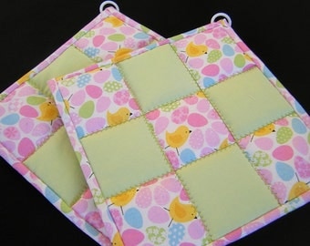Pale Green & Easter Eggs Quilted Potholders - Set of 2