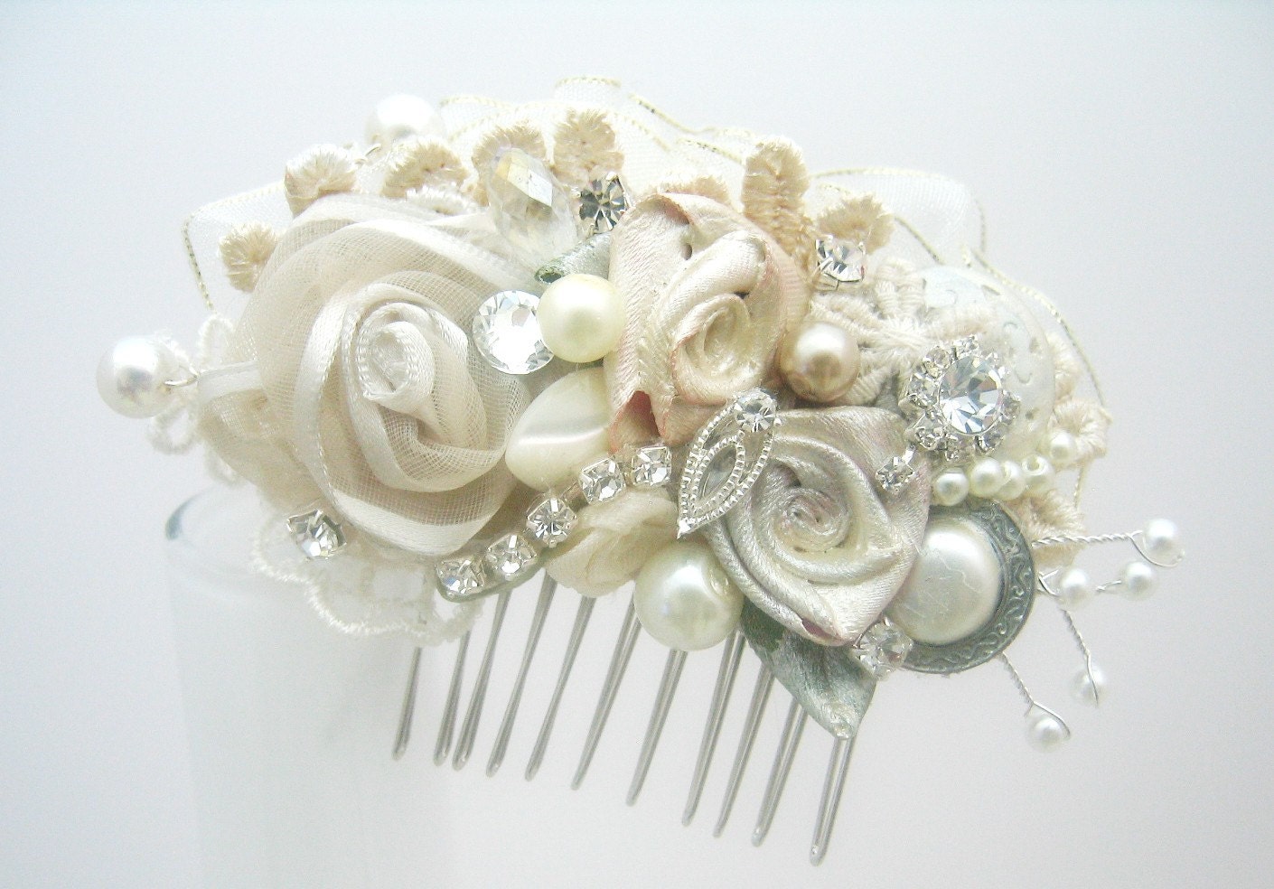 Vintage Inspired Ivory Bridal Hair Clip Lace & Floral Wedding