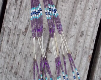 Native American Inspired Design Glass Seed Beads and Porcupine Quills Dangling Earrings - "Summer Storm"
