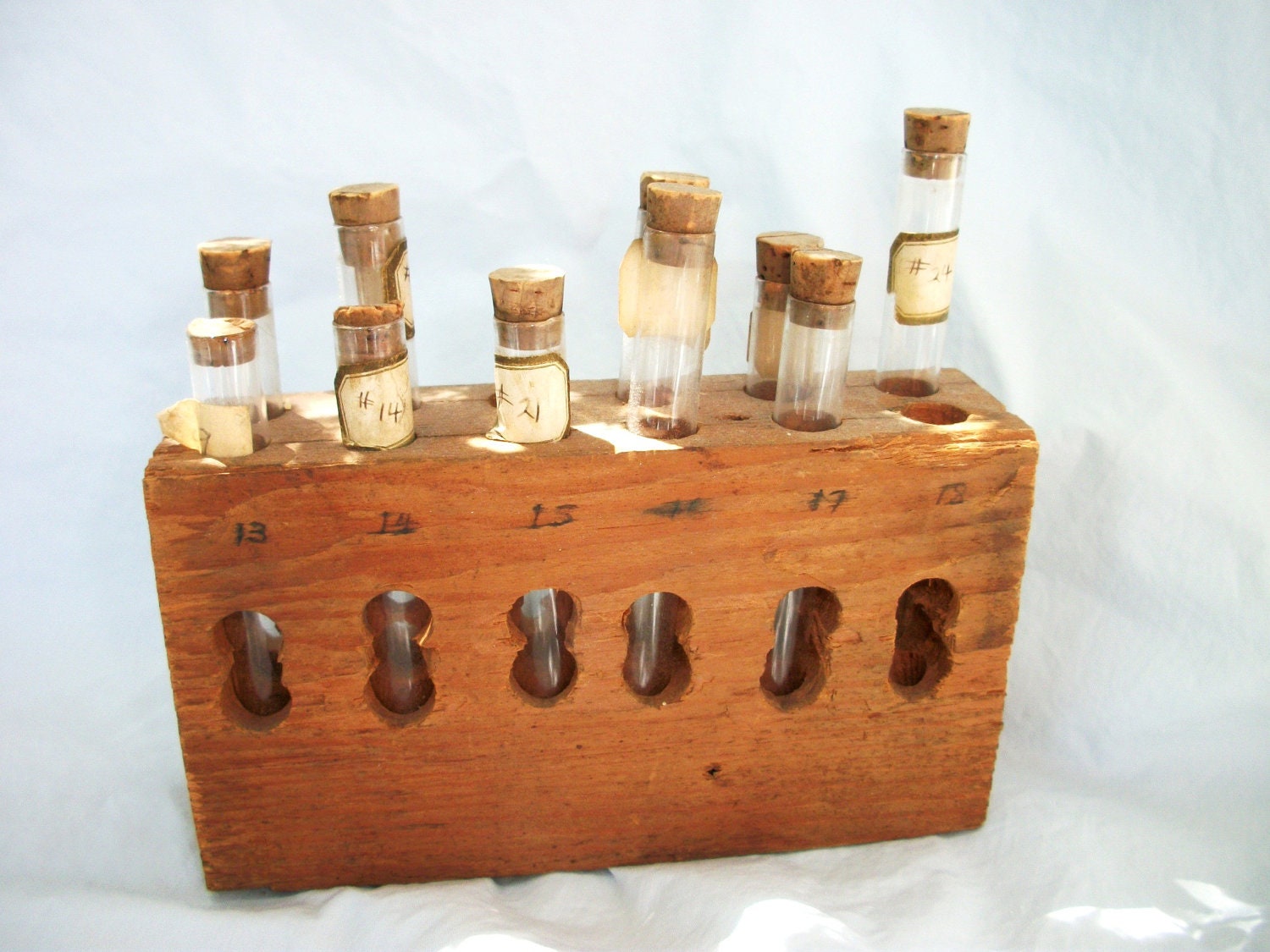 Vintage Wood Vial Holder Lab Cork top old Labels